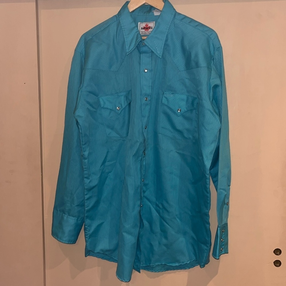 MWG Vintage Mens western wear turquoise blue sheen striped button down SZ XL